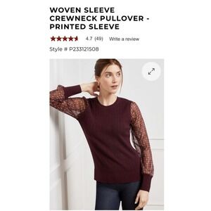 Talbots Woman Woven Sleeve Crewneck Pullover Printed Sheer‎ Sleeve XL Burgandy